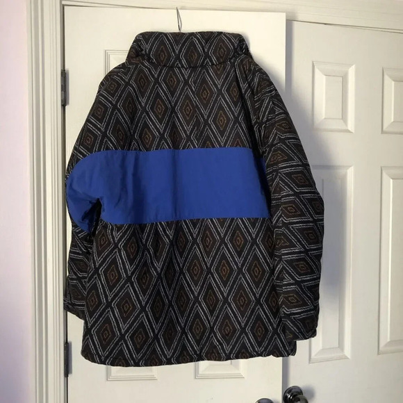 Zara Man Black Color Block Cobalt Blue Aztec Print Puffer Jacket Coat Size Large - Picture 9 of 9